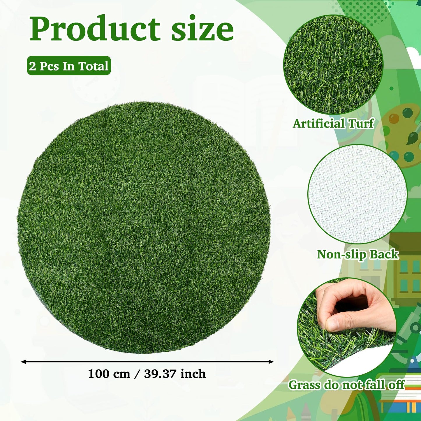 Dunzy 2 Pack Artificial Grass Mats for Class 39 Inch Round Classroom Rug Floor Cushions Soft First Day of School Educational Mat Non Slip Back to School Learning Playing Areas