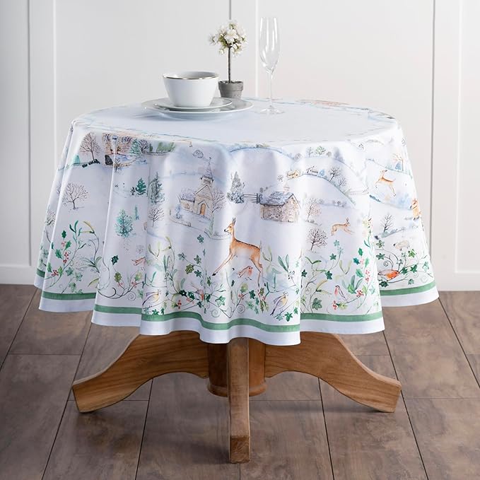 Maison d' Hermine Table Cloth Round Table 100% Cotton 63 Inches Fall Tablecloth Reusable Everyday Use for Thanksgiving Christmas Decorations Dining Farmhouse Party (Snowy World)