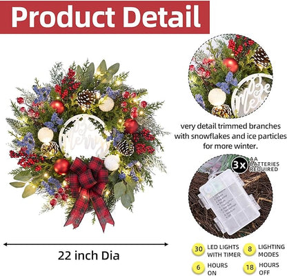 Prelit Christmas Wreath for Front Door Outside,22 inch Be Merry Wreath with red Black tarten Plaid Bow,Lighted Farmhouse Christmas decoration-30 LED Light/Timer,Winter Door Wreath, Porch Decor