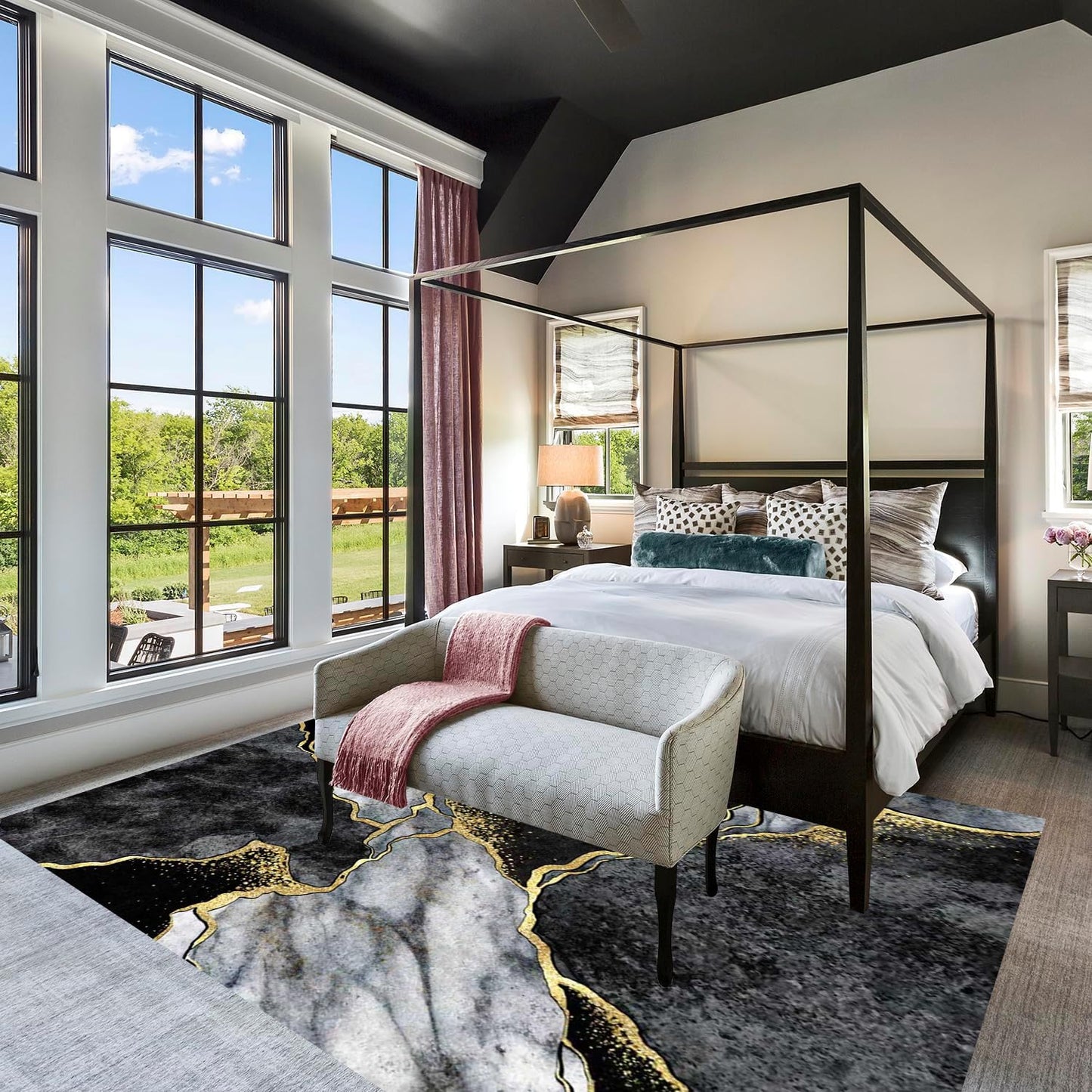Modern Aesthetic Grey Black Gold Marble Abstract Area Rug 5x7 Non-Shedding Soft Rug for Livingroom Bedroom Diningroom Indoor Office Kitchen Floor Carpet