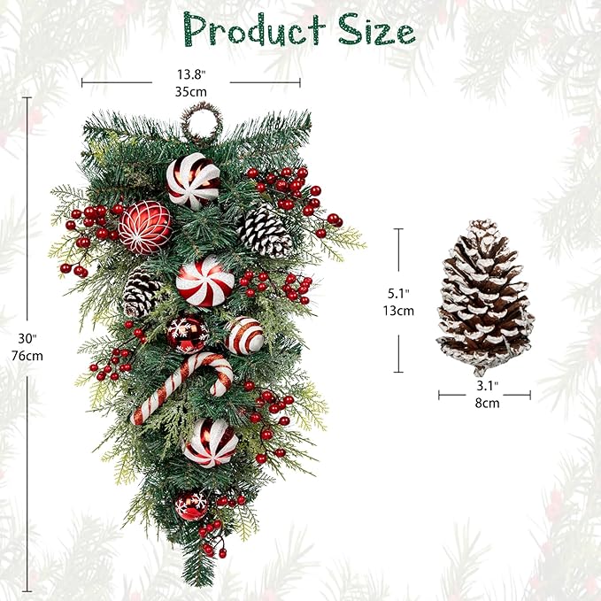 30" Christmas Teardrop Swag for Front Door Artificial Winter Swag Garland with Pine Cones, Berry Clusters, Red Ball Ornaments and Ribbons for Thanksgiving Holiday Christmas Decoration