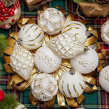 16PCS Shatterproof Christmas Ball Ornaments Set, Hand-Painted Holiday Decor with Assorted Sizes & Designs for Christmas Tree Thanksgiving Party Decoration, Gold-White
