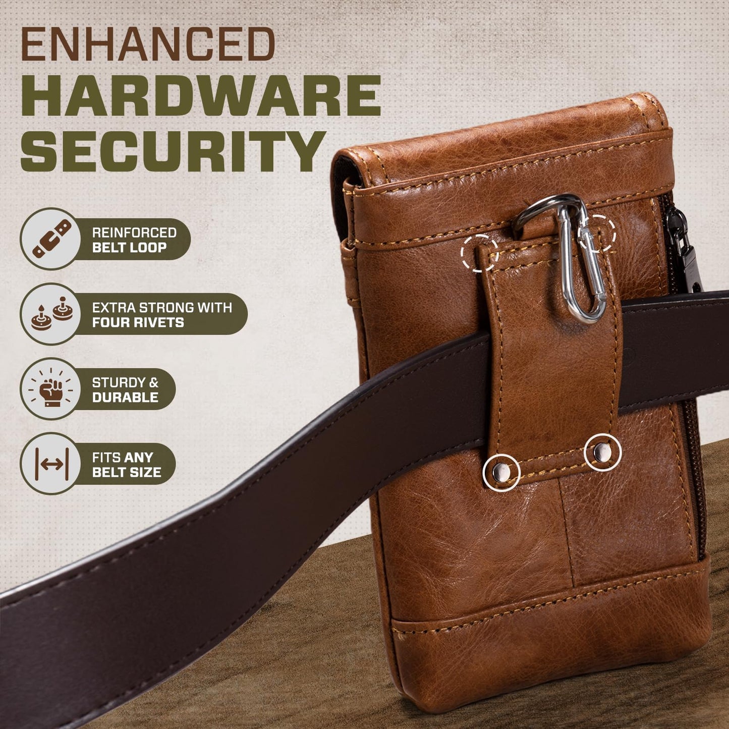 Hengwin Phone Holster Belt Case with Belt Clip, Genuine Leather Belt Pouch Cell Phone Holder Fit for iPhone 16 Plus 15 Pro Max 14 Pro Max Samsung Galaxy S25 Plus (Fit Cellphone with Case On) (Brown)