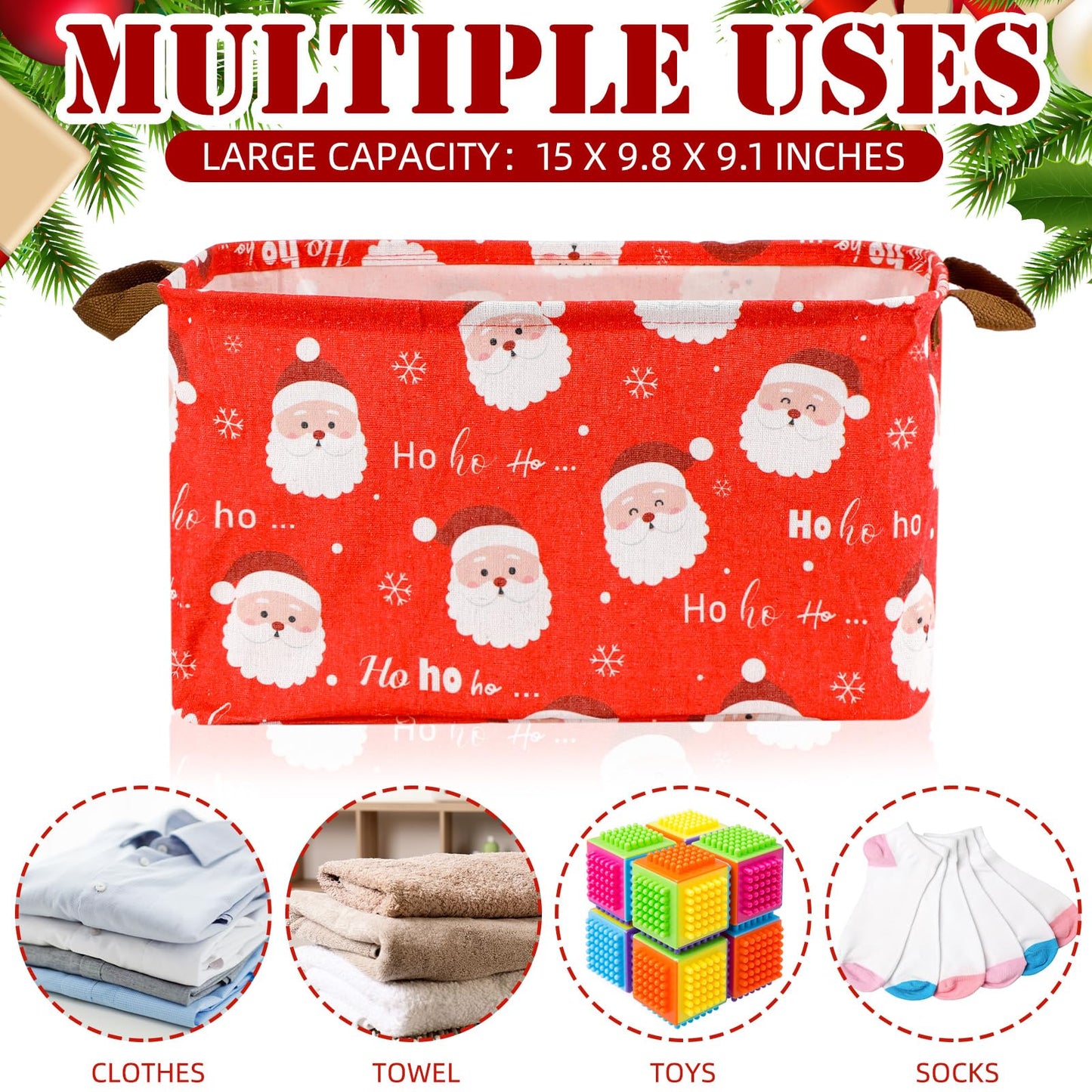 Layhit 3 Pcs Christmas Storage Bins Large Foldable Christmas Basket with Handles Xmas Tree Santa Snowflake Boxes Red white Fabric Collapsible Basket for Cloth Toy Book Ball Party Supplies