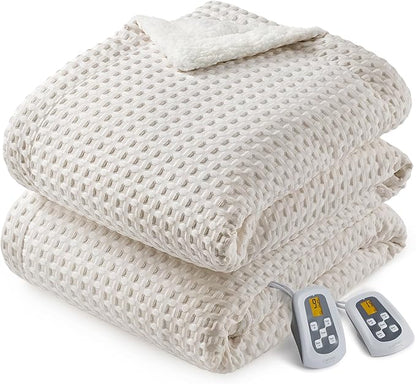 CAROMIO Heated Blanket King Size with LCD Dual Controller, Waffle Weave Fast Heating Electric Blankets, 10 Heat Levels & 1-12H Time Settings, ETL Certified, Machine Washable, Beige, 100" x 90"