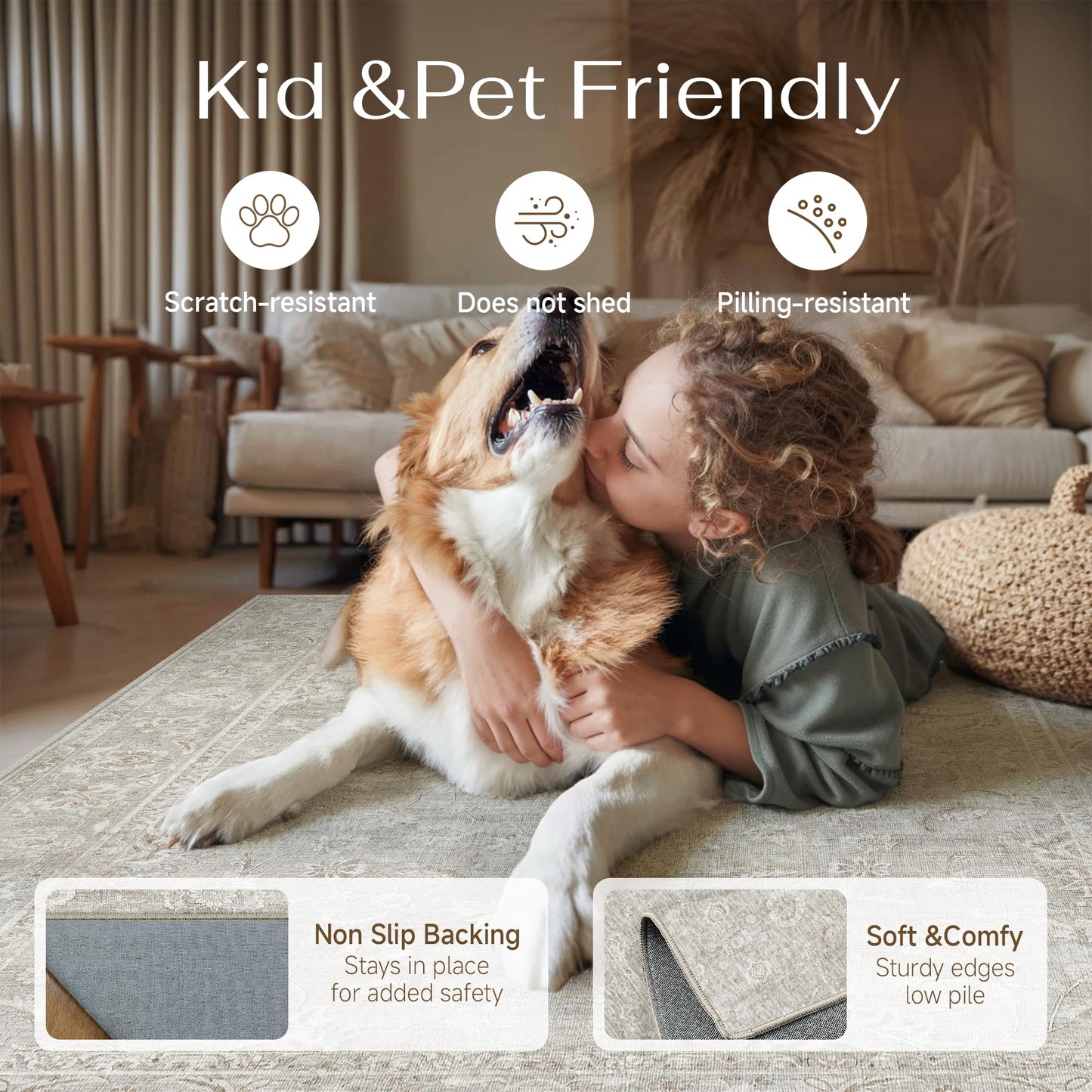 WondRg 4x6 Grey Washable Area Rug for Living Room Bedroom Neutral Floral Soft Non Slip Rug Low Pile Distressed Carpet for Dining Room Nursery Office Indoor