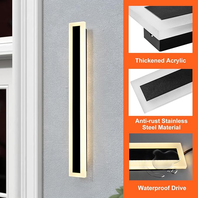 TooCust 23.6in Long Outdoor Modern LED Wall Light, IP65 Waterproof, 24W Warm White Light 3000K, Narrow Strip Light, Durable Wall Sconce for Garage, Porch, Garden, Patio, Wired Installation, 1PACK