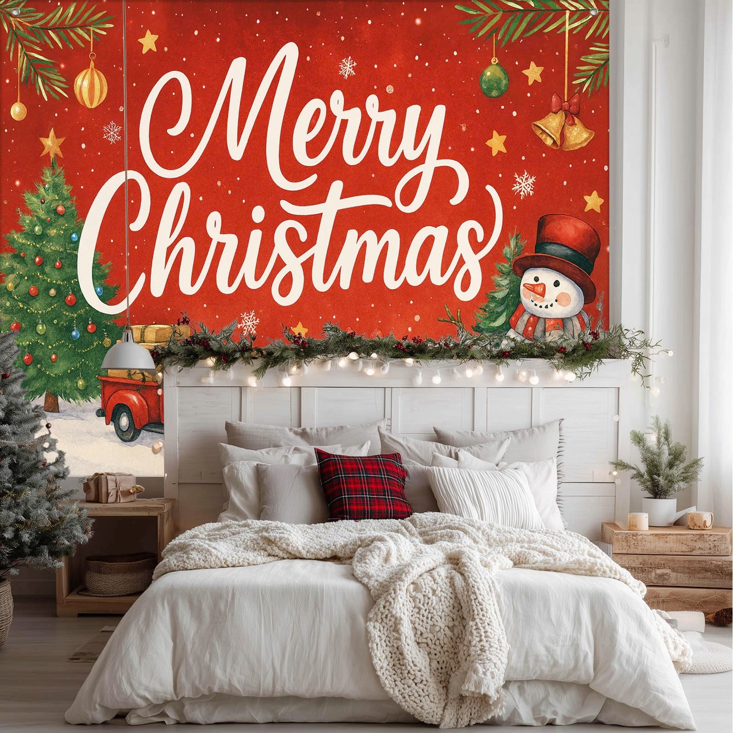 HOMETITUTE Red Truck Christmas Backdrop 8×6ft Snowman Gift Tree Holiday Party Banner for Family Photography Winter Decoration Background