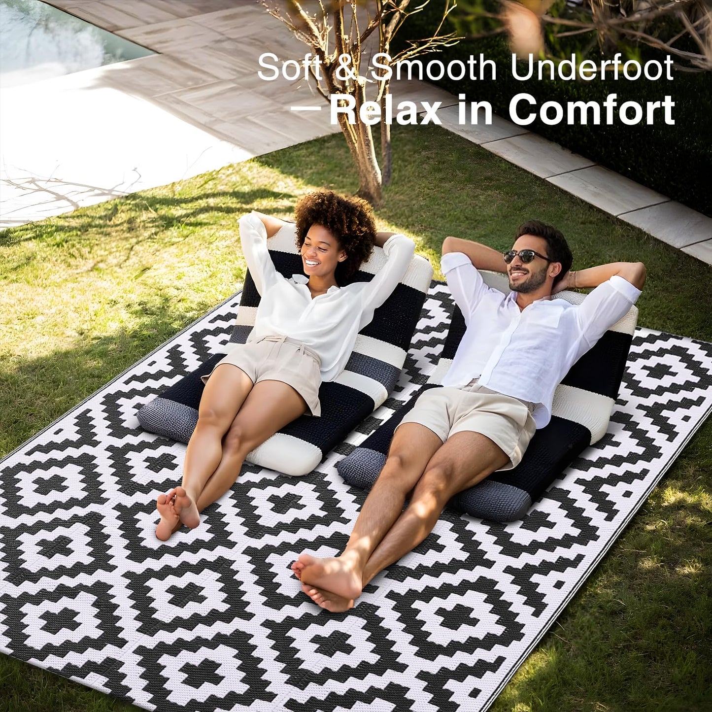 OLANLY Waterproof Outdoor Rug 5x8 ft, Outdoor Plastic Straw Rug for Camping, RV Mat Outside, Indoor Outdoor Carpet for Porch, Deck, Backyard, Balcony, Picnic, Black & White