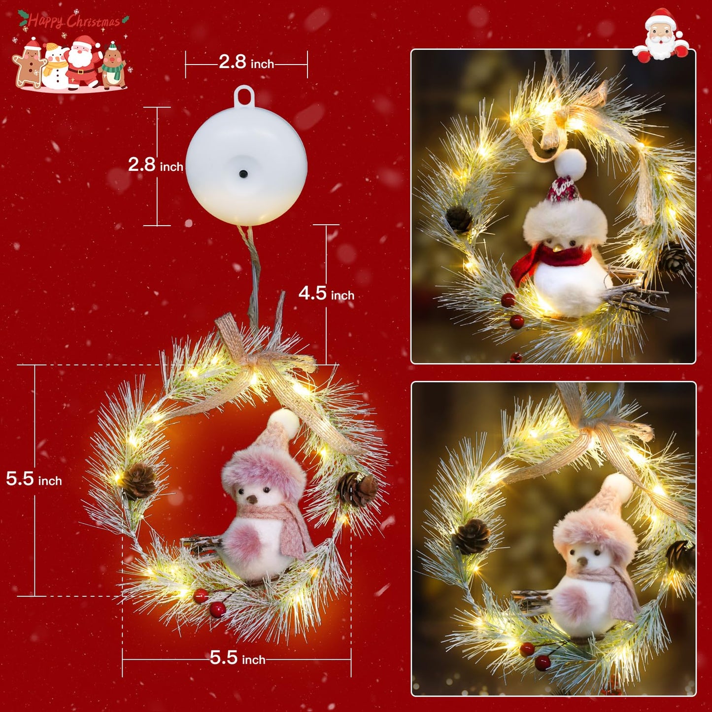 suddus 2 Pack Christmas Window Lights with Suction Cup- Battery Operated Wreath String Lights Indoor with Timer, Christmas Decorations for Home, Window, Door, Wall,Staircase,Gift,Tree Indoor