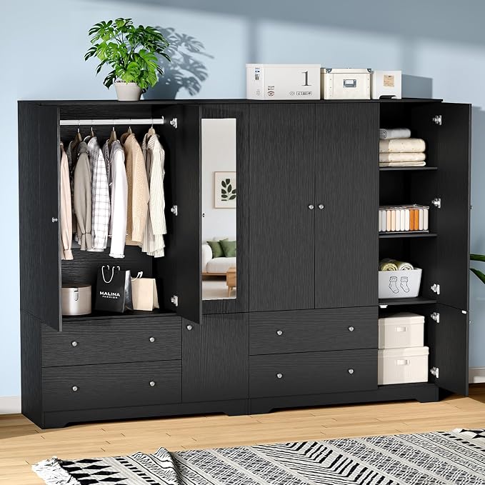 VINGLI Armoire Wardrobe Closet with Doors and Mirror,47" W Wardrobe Cabinet Wooden with Hanging Rod & Shelves Inside, 4 Door Bedroom Armoires with Drawers, Black Freestanding Armoire for Bedroom
