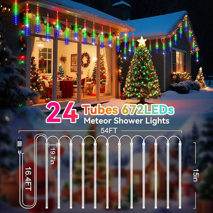 KNONEW Christmas Lights Outdoor, 15 inch 24 Tubes 672 LED Meteor Shower Lights Plug in Waterproof Falling Rain Light for Xmas Tree Wedding Party Garden Holiday Rooftop Decorations (Multicolor)