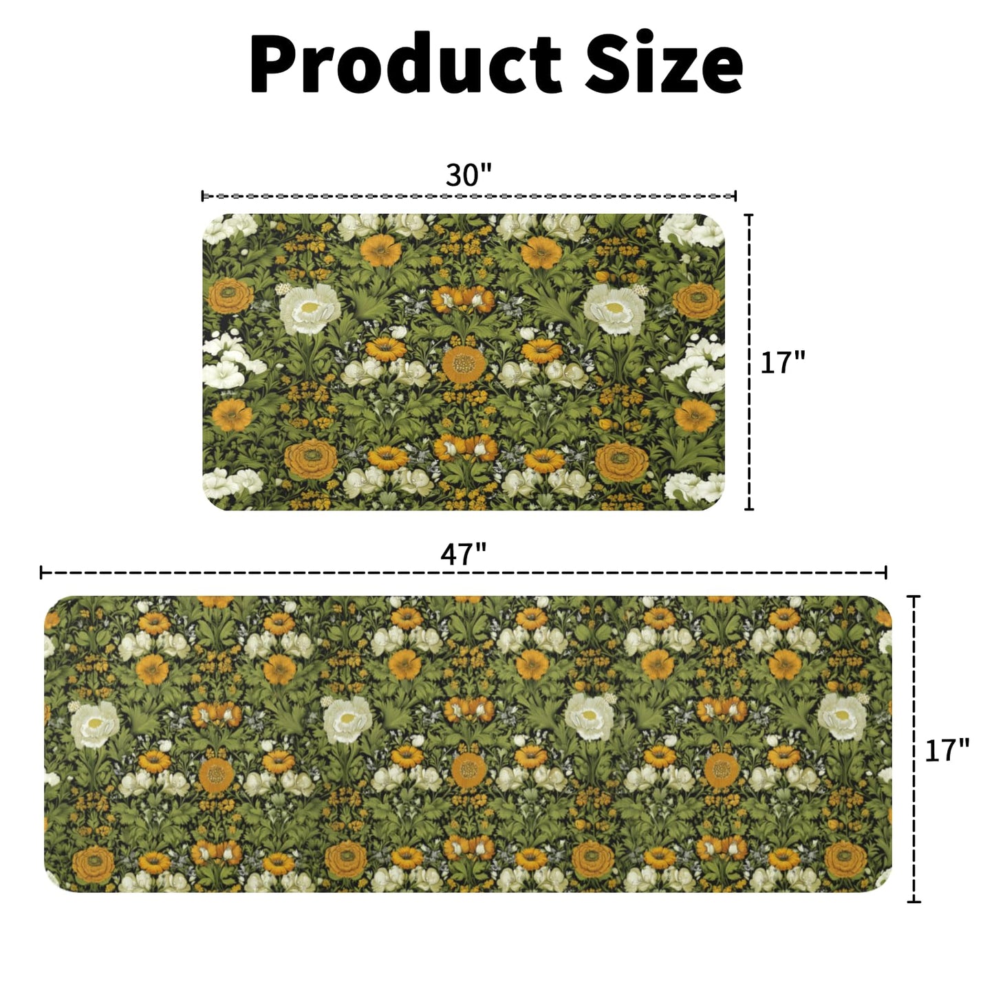 Wualmondor Dark Green Kitchen Rugs Set of 2 Floral Print Kitchen Mats 17"x47"+17"x30" Low Pile Washable Non Slip Rubber Backing Floor Mats for Sink Laundry Home