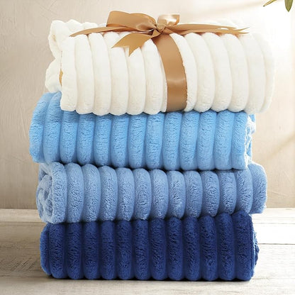 decorUhome Soft Fleece Navy Blue Twin Blanket for Bed, Cozy Fluffy Plush Flannel Striped Throws for Couch Sofa, Lightweight Decorative Ribbed Fuzzy Blanket for Woman, 60x80 Inches