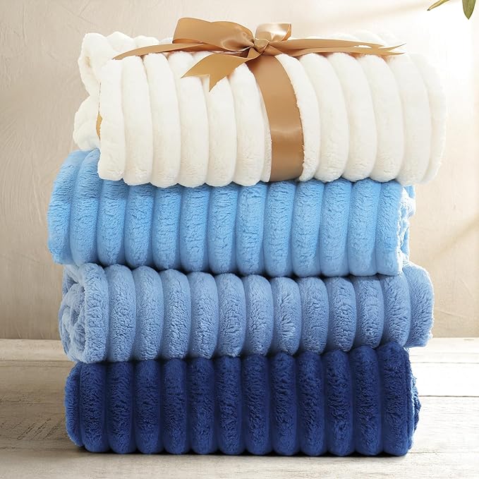 decorUhome Soft Fleece Navy Blue Throw Blanket for Couch, Cozy Fluffy Plush Flannel Striped Blanket for Sofa Bed, Lightweight Decorative Ribbed Fuzzy Blanket for Woman, 50x60 Inches