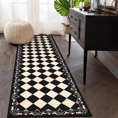 Beeiva Checkered Bathroom Runner Rug 2x6, Black and White Washable Runners for Hallways Non Slip, Moroccan Trellis 2x6 Rug for Besides Laundry Kitchen, Checkerboard Stain Resistant Bathroom Decor
