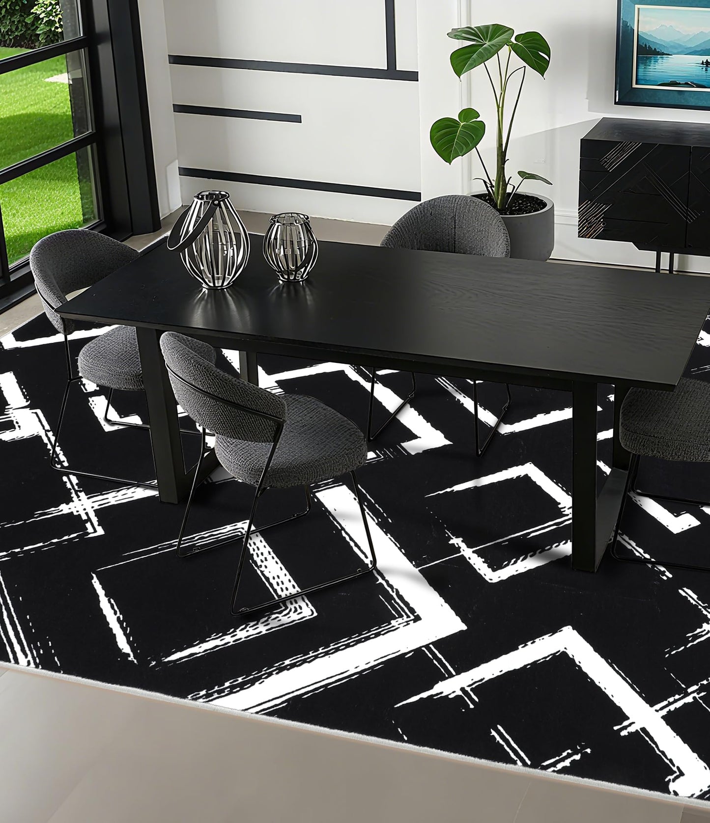 YIHOUSE Black Modern Geometric Area Rug 5x7, Black and White Rug with Abstract Diamond Patterns,Non-Shedding Washable Rugs for Bedroom, Home Office and Small Living Room