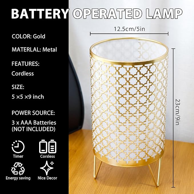 TRIROCKS Set of 2 Battery Operated Lamp 9'' High Cordless Table Lamp Battery Powered Lanterns with 6H Timer for Home Living Room Weddings Parties Patio Events Outdoors Indoors Shelf(Gold)