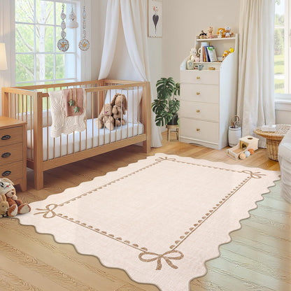 GarveeHome Scalloped Bow Rug for Living Room, Solid Beige Rug for Dorm, Washable Rugs 5x7 Soft Low Pile Non Slip Scalloped Rugs for Nursery College Bedroom Decor Kids Room Playroom