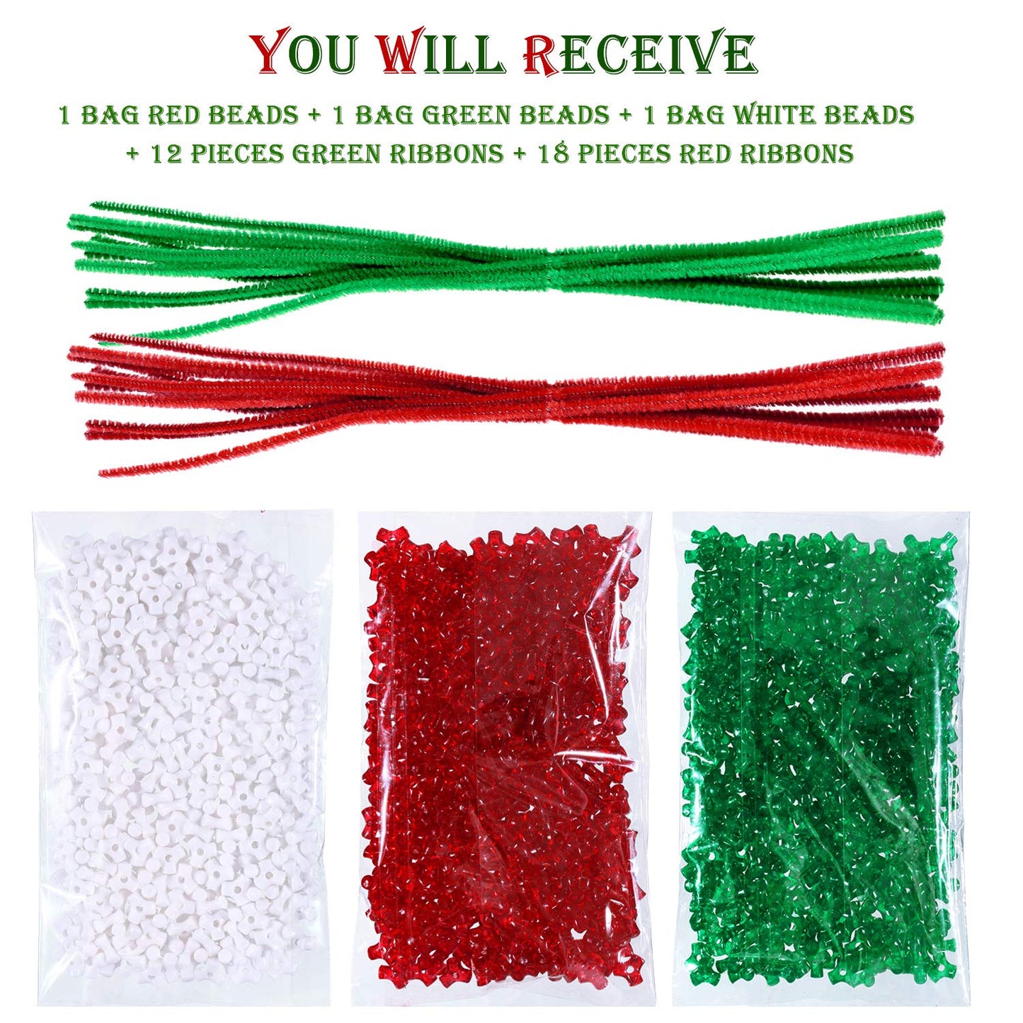 1170 Pieces Christmas Tri Beaded Ornament Kit Christmas DIY Craft Bead Includes 1140 Plastic Tri-shaped Beads 30 Chenille Stems Wreath Candy Cane for Christmas Xmas DIY Holiday Tree Hanging Decoration