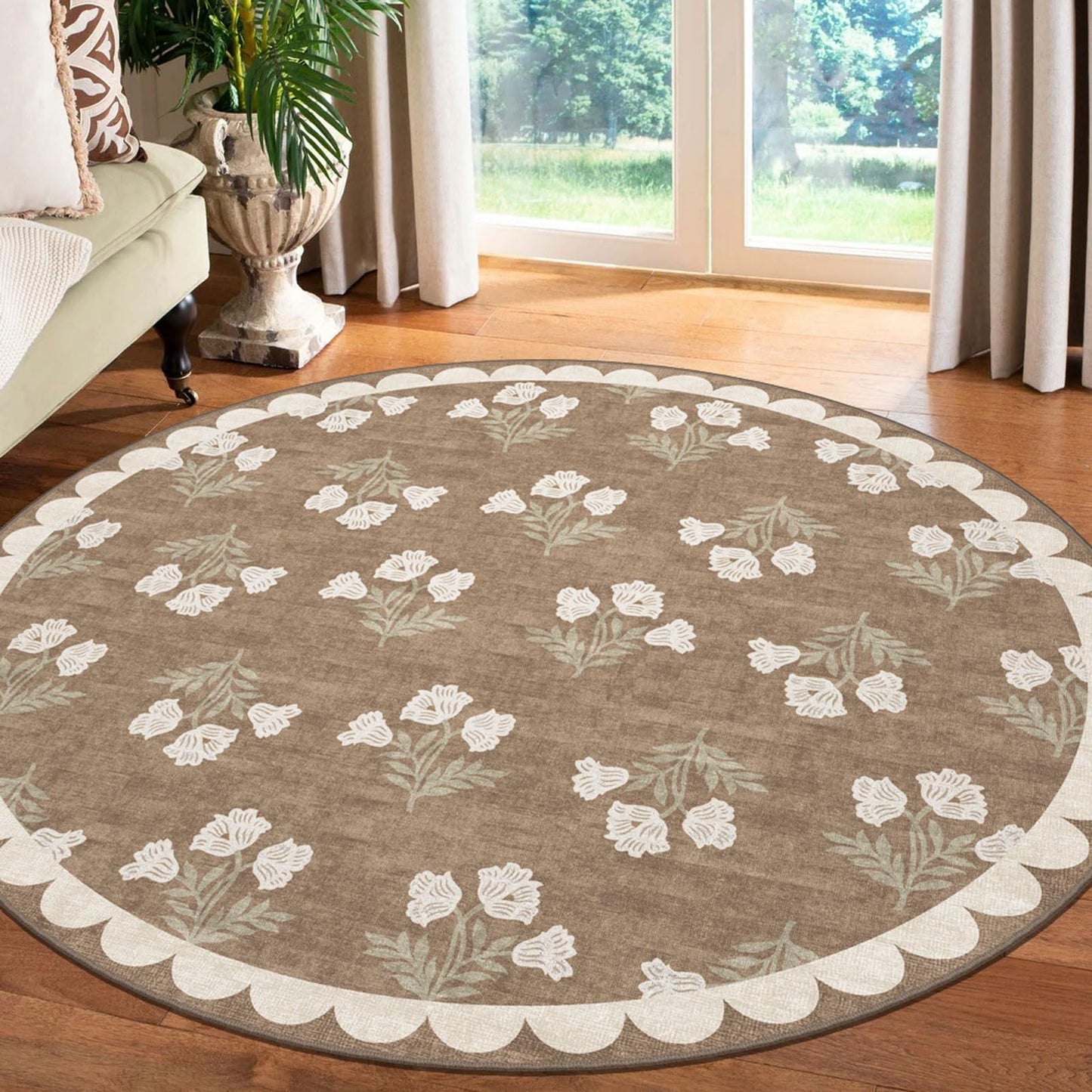 Othilic Tan 6ft Round Area Rug for Living Room - Large Washable Floral Neutral Farmhouse Scalloped Circle Rug for Bedroom Stain Resistant Dining Room Rugs for Under Round Table Carpet for Living Room