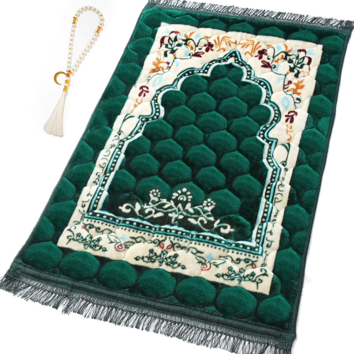 YAZEIN Muslim Prayer Rug with Tasbih Prayer Beads, Soft Large Prayer Matt Islam, Padded Islamic Prayer Mat Thick for Men and Women, Janamaz, Sajadah (31.5" x 47.2", Green)