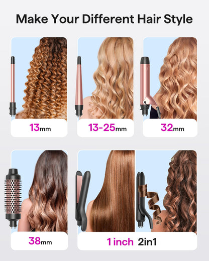 Wavytalk 5 in 1 Curling Iron,Curling Iron Set with Heated Round Brush and 4 Interchangeable Ceramic Curling Wand(0.5”-1.25"), Instant Heat Up,Dual Voltage Hair Curler