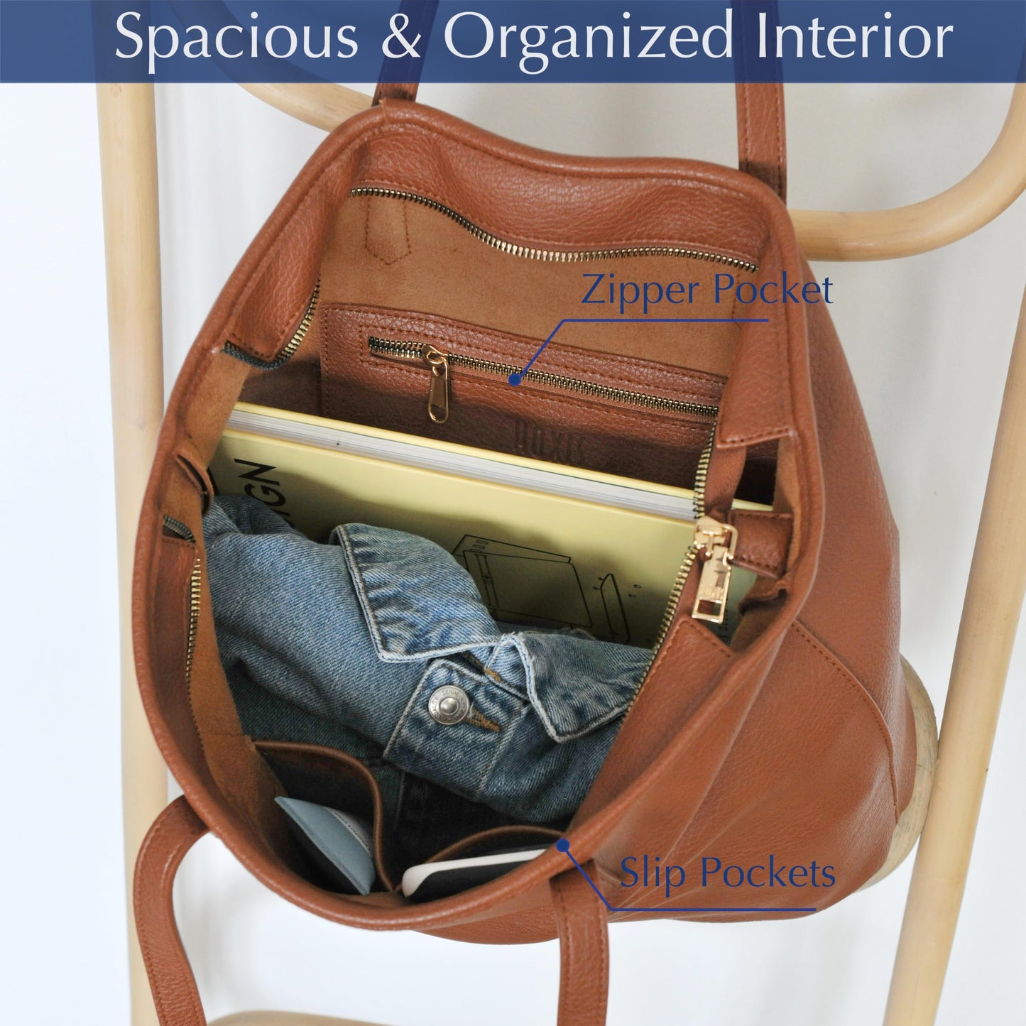 Zipper Tote Bag for Women Soft Vegan Leather Handbag for Work, Travel & Everyday Use (Brown)