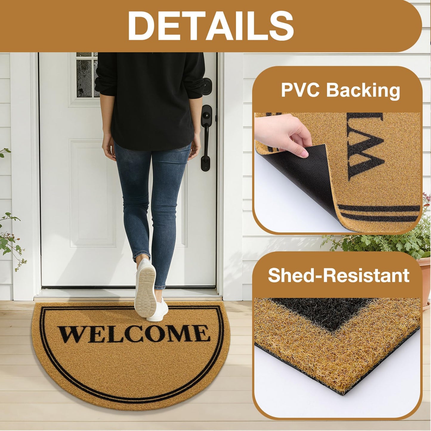 OLANLY Half Circle Front Door Mat, Low Profile Doormat, Stain and Fade Resistant, Easy to Clean, for Indoor and Outdoor Entrances, Patio Porch or Entryway, Brown (30x17 Inch, Welcome)