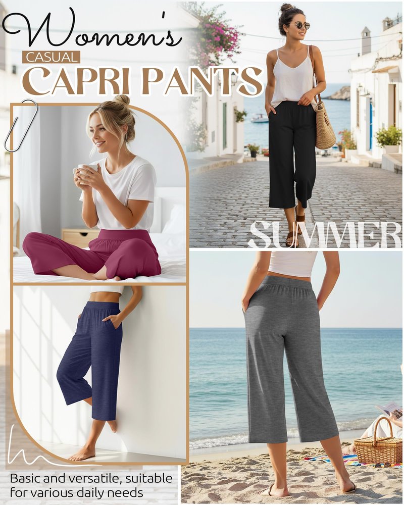 Neer 4 Pack Women's Capri Pants Wide Leg Capris Yoga Sweatpants Lounge Loose Fit High Waist Workout Cropped Pants with Pocket(Black, Heather Gray, Dark Blue, Fuchsia,Large)