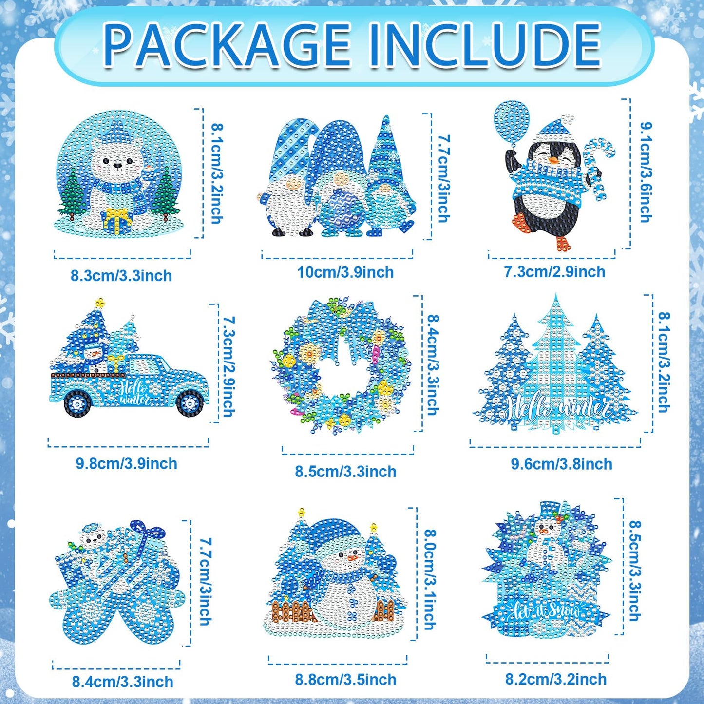 9pcs Winter Diamond Art Tabletop Decoration Winter Diamond Painting Desktop Ornament Christmas Tree Craft Kit Snowman Deer Truck Gnome Xmas Painting Sign Set for DIY Adults Gifts Party Decor