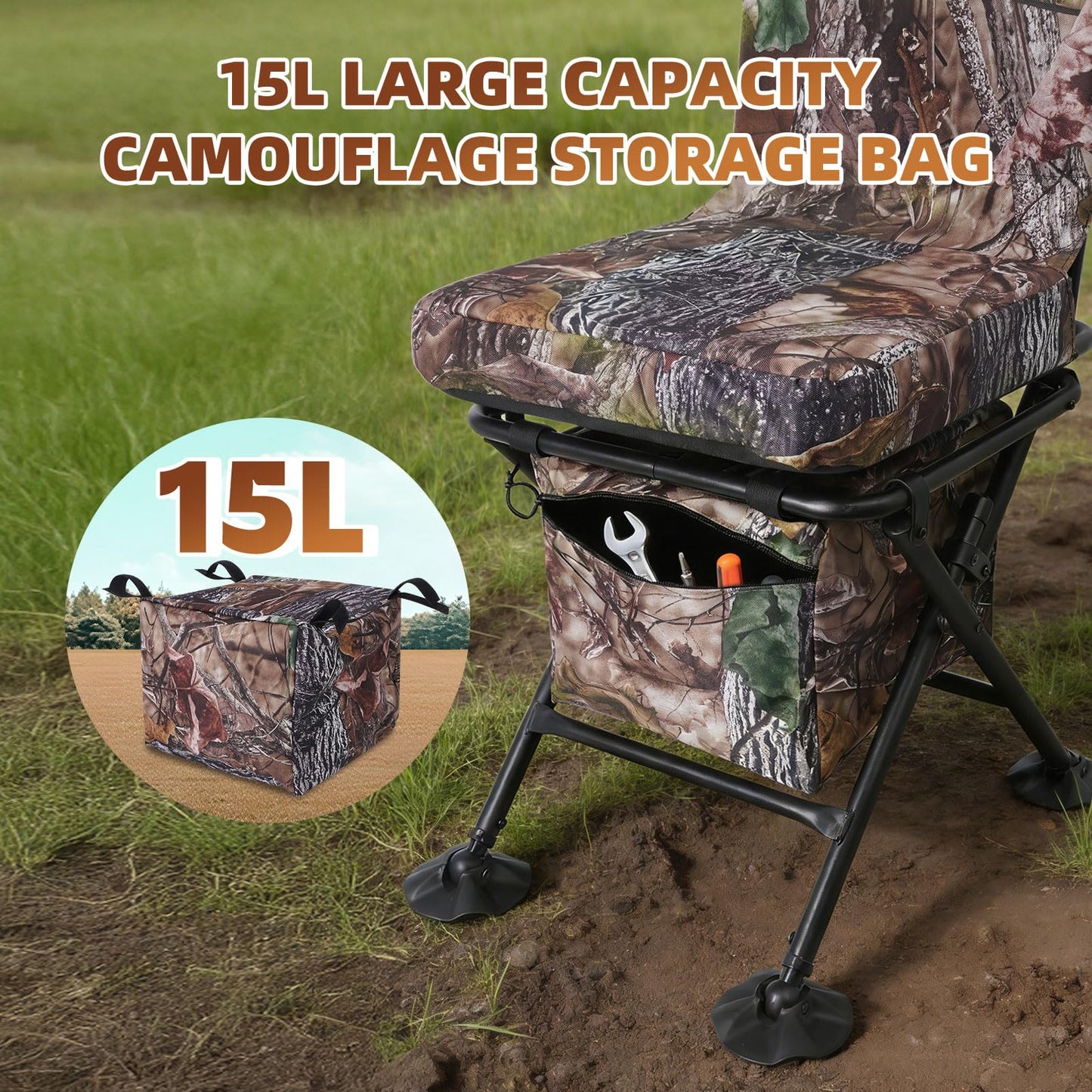 FUNHORUN Hunting Chair with Storage Bag, 360 Degree Silent Swivel Hunting Seat, Camouflage Foldable Ground Blind Chair, Tool-Free Padded Cushion Portable Seat, Lightweight