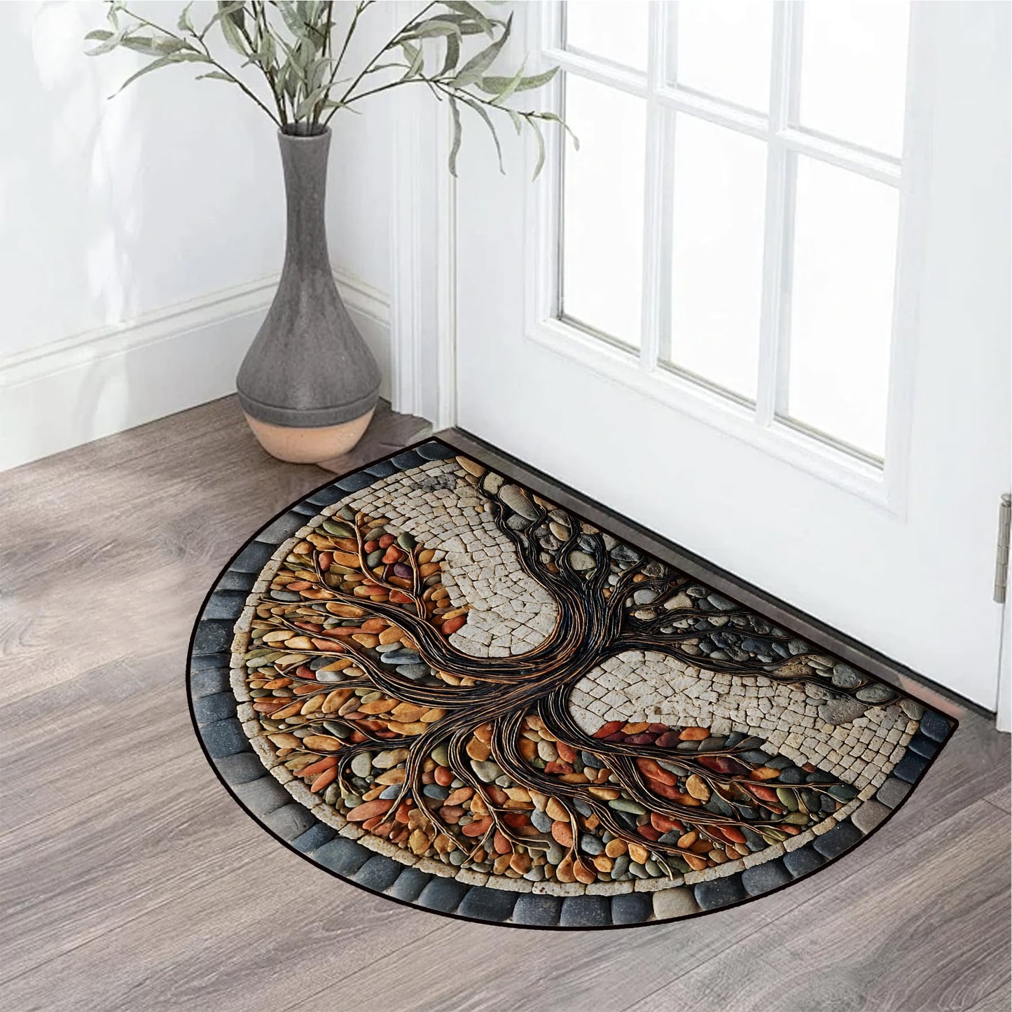 NYZE Semi Circle Door Mat Half Round Welcome Mat Non Slip Low-Pile Absorbent Half Circle Entryway Rug for Bathroom Bedroom Laundry Room (Tree of Life-A, 24"×36")