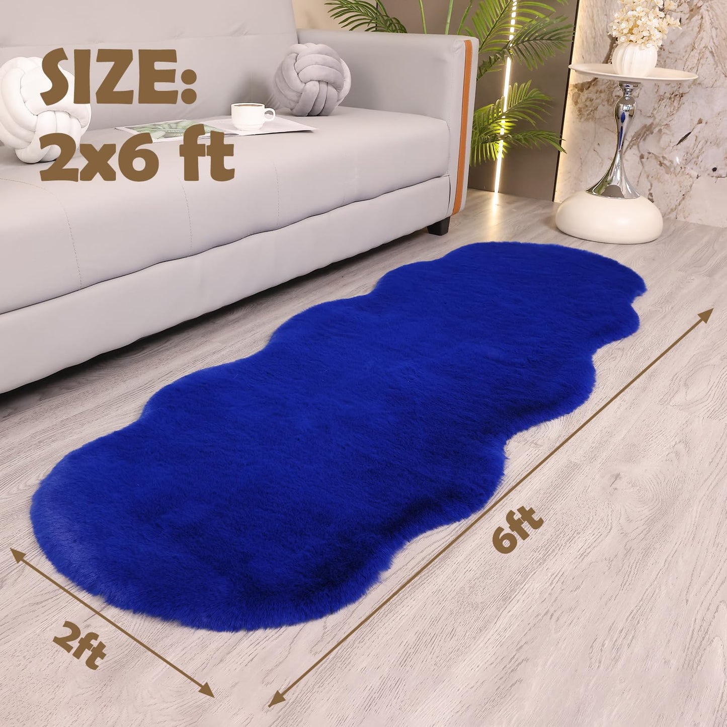 LLSPW Fluffy Synthetic Rabbit Fur Area Rug Soft Faux Rabbit Plush Rug Machine Washable Non-Slip Backing High Density Floor and Sofa Seat Cushions for Living Room White and Blue 2x6 ft