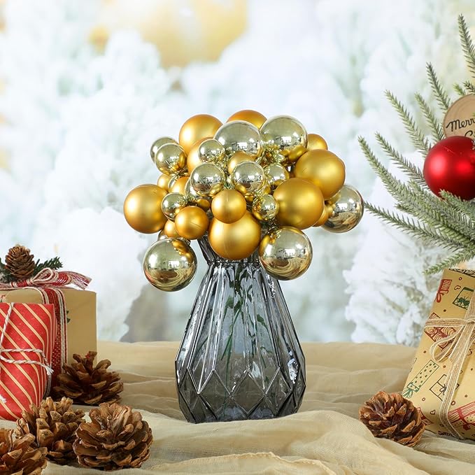 8 Pcs Champagne Gold Christmas Tree Picks 7.87 Inch Matte Glossy Satin Gold Christmas Ball Ornaments for Xmas Tree Topper DIY Wreaths Holiday Floral Vase Fillers Craft and Home Decoration