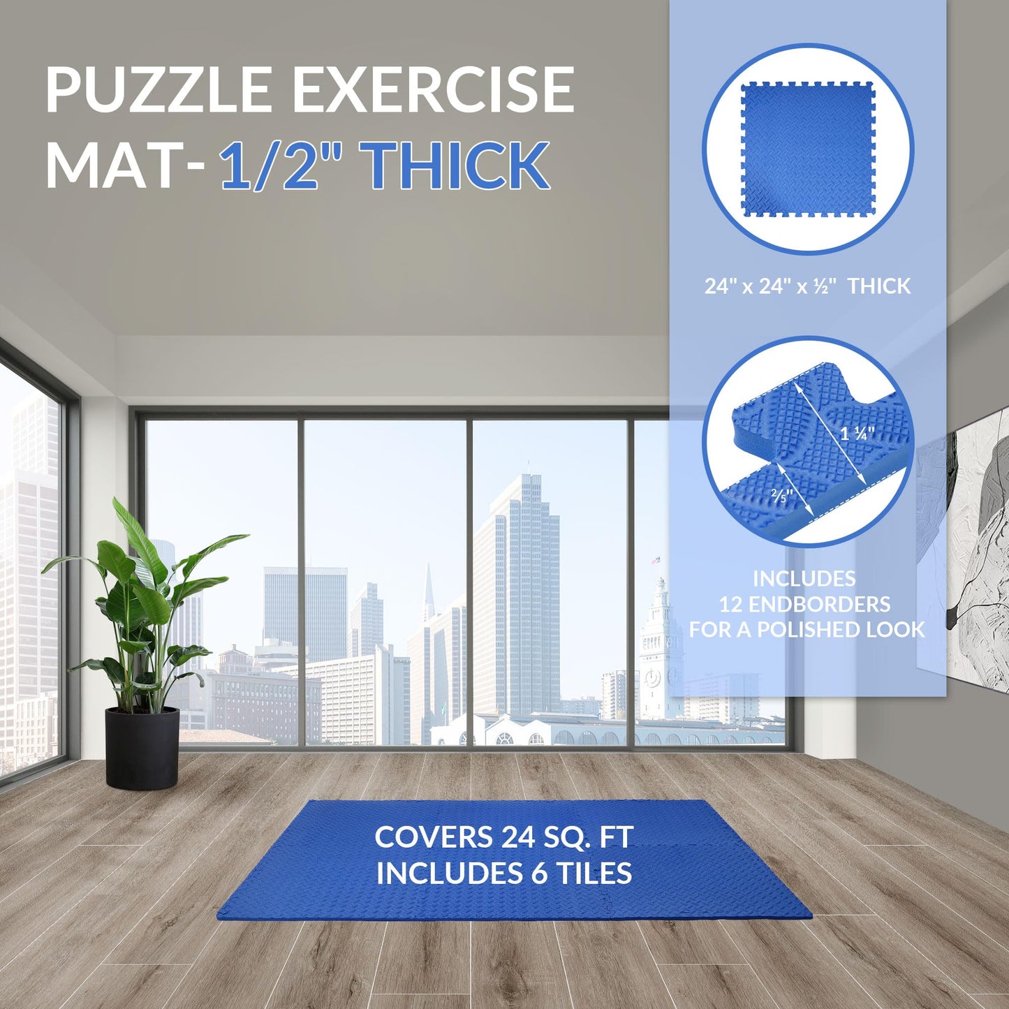 Fitvids Puzzle Exercise Gym Flooring Mat, 1/2" Thick High-Density EVA Interlocking Tiles Workout Mat for Home Gym, Fitness Equipment, MMA, Gymnastics, 6-Piece Shock-Absorbing Exercise Mat (24 Sq Ft)