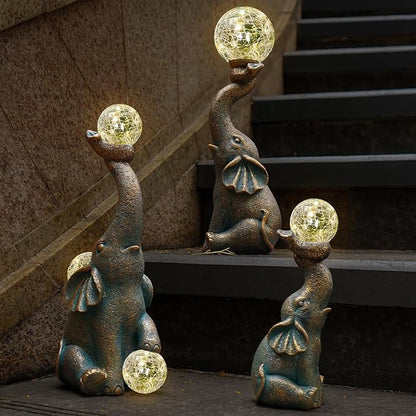 MININOVA Solar Elephant Garden Statue with Crackle Glass Ball (15 LED Lights) Resin Outdoor Decor for Patio, Yard & Lawn, Birthday, Housewarming Gifts for Grandma, Women