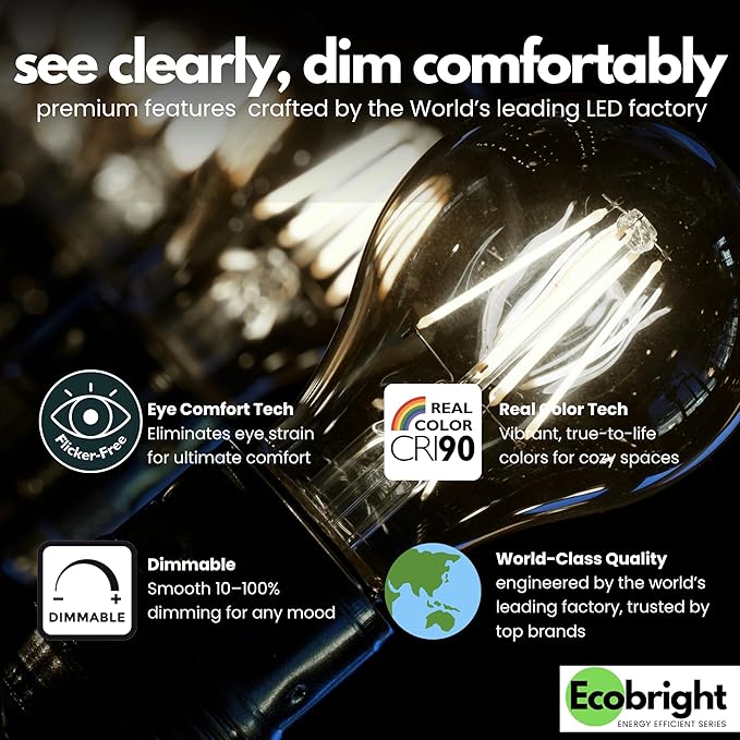EcoBright 4PK Dimmable A19 LED Filament Bulb, 10W (100W Equivalent), E26 Base, 1100 Lumens, CRI90+, Flicker-Free Clear Glass, Energy Star Title 20, Daylight 5000K