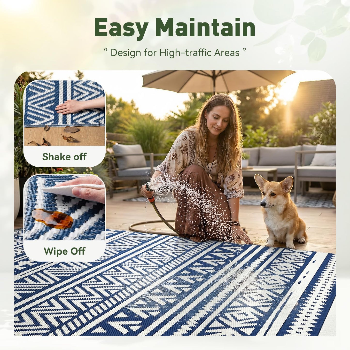 MontVoo Outdoor Rug 8x10 Waterproof Outdoor Patio Rug Mat Reverisble Plastic Straw Outdoor Rug for RV Camping Picnic Beach Balcony Boho Navy Blue