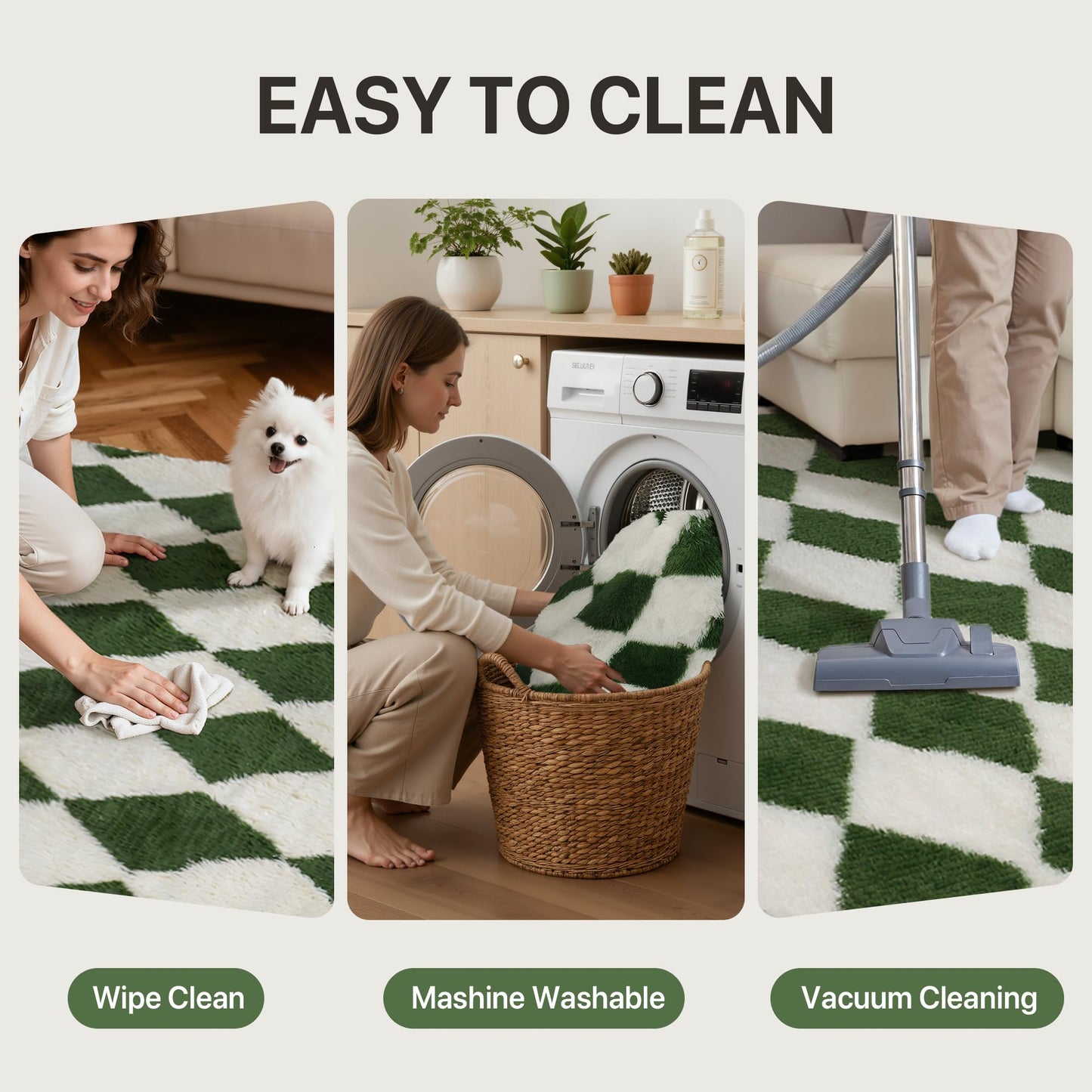 GENIMO Checkered Rug 5x7 Area Rugs for Kids Bedroom Soft Shag Rug Fluffy Fuzzy Carpet Plush Rugs for Living Room Nursery Playroom Dorm Modern Home Decor Aesthetic, Green and White