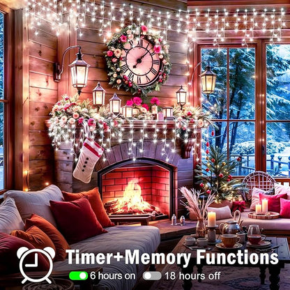 XURISEN 132ft Christmas Lights Decorations Outdoor, 1280 LED 8 Modes Fairy Lights with 240 Drops,Plug in Waterproof Timer Memory Function for Christmas Holiday Wedding Party Decorations(Cool White)