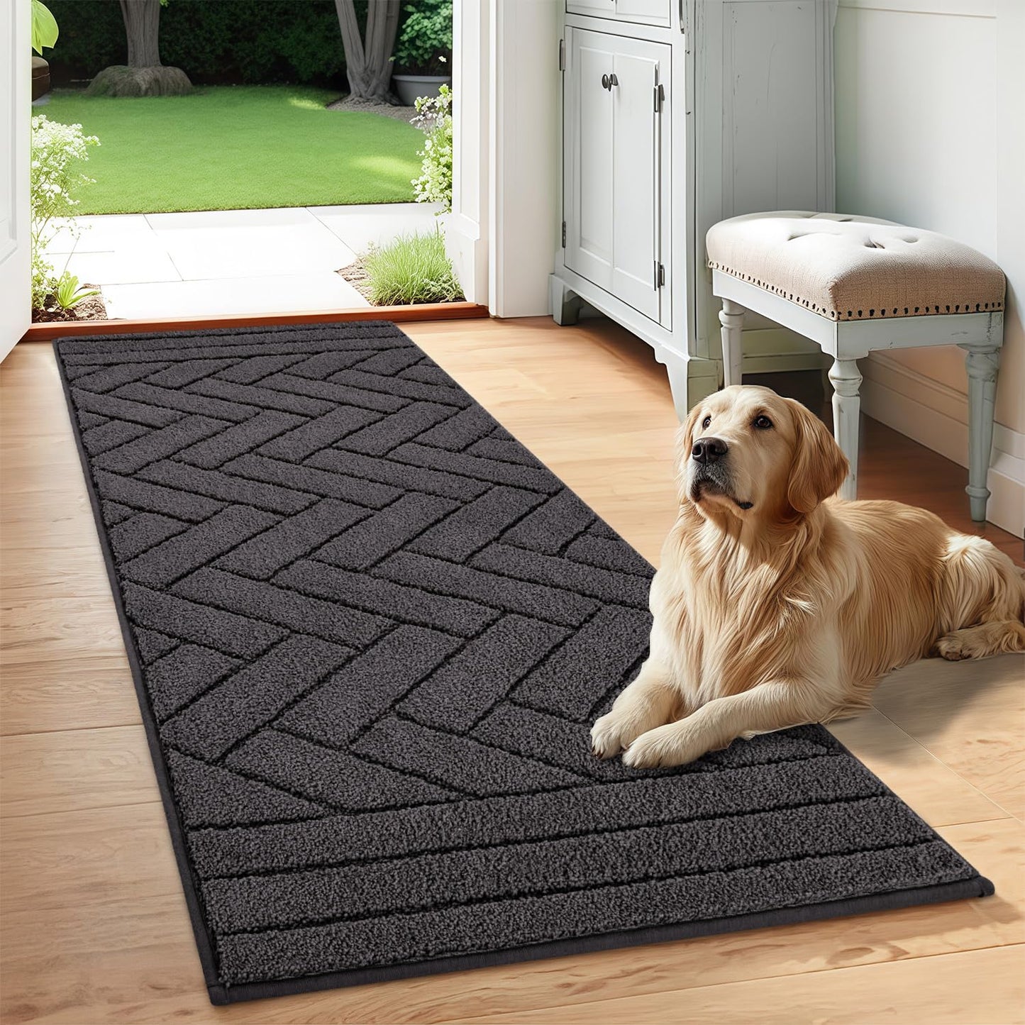 Tindbea Dog Mat for Mud Paws,Absorbs Moisture Dirt Non-Slip Washable Mud Mat for Dogs,Soft Rubber Backing Front Inside Pet Rug for Entryway, Dog Paws, Patio(24"x59",Charcoal)