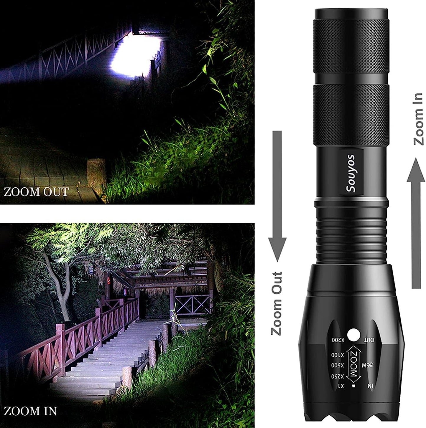 Souyos Military Grade Flashlight 2000 Lumen 5 Modes Water Resistant LED Tactical Torch Flash Light,2-Pack