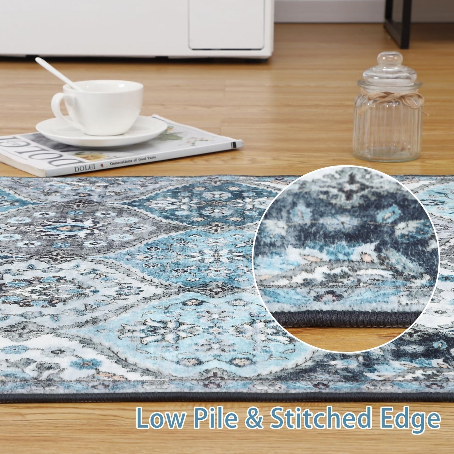 Garvee Living Room Rug 8x10 Washable Rug Trellis Rugs for Bedroom Non Slip Low Pile Indoor Carpet Soft Non-Shedding Foldable Thin Mat for Bedroom Dining Room Farmhouse Kids Playroom Office Blue