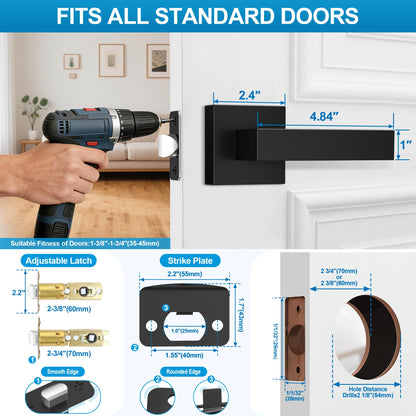 Plustool 10 Pack Matte Black Door Handles Interior, Passage Door Knobs Closet Door Levers for Hallway, Heavy Duty Square Doorknob Non-Locking Handlesets for Left & Right Sided Doors
