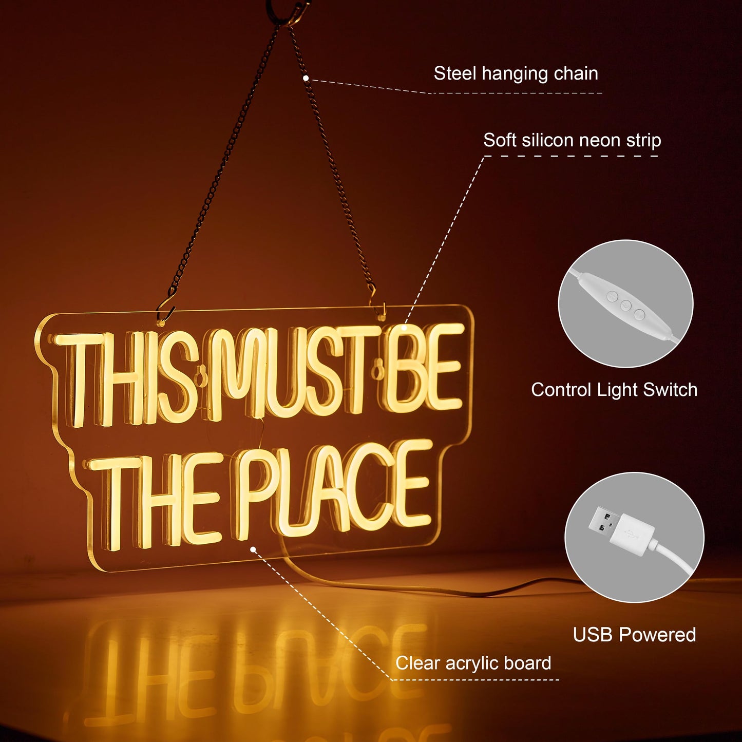 This Must Be The Place Neon Sign for Wall Décor Dimmable LED Neon Light USB Powered Neon Art Signs(Warm White)