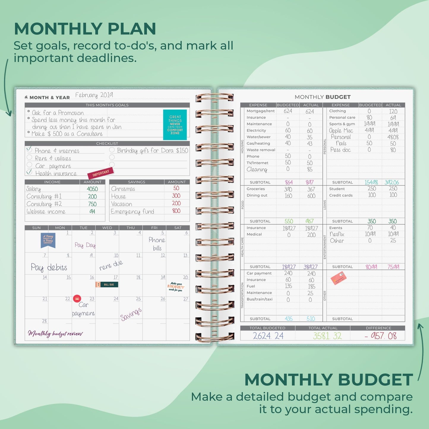 Clever Fox Budget Planner Spiral – Expense Tracker Notebook – Monthly Budgeting Organizer, Finance Logbook & Accounts Book to Control Your Money – Undated Bill Tracker, 6.3x8.4” - Mint Cream