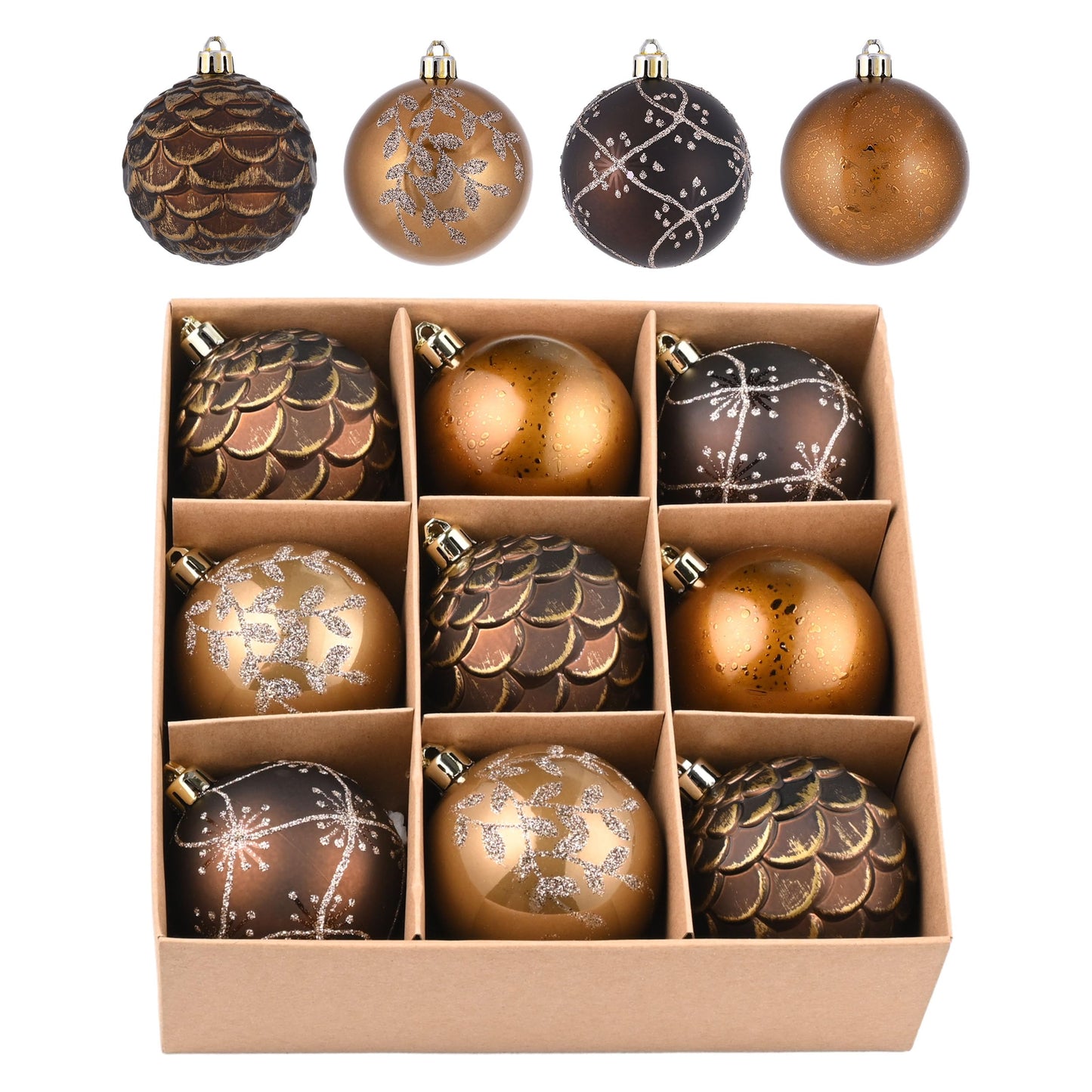 Valery Madelyn Christmas Ornaments Set, 9ct 2.76 Inches Brown Copper Gold Shatterproof Christmas Tree Decorations, Woodland Bronze Hanging Ball Bulk for Xmas Holiday Party Decor