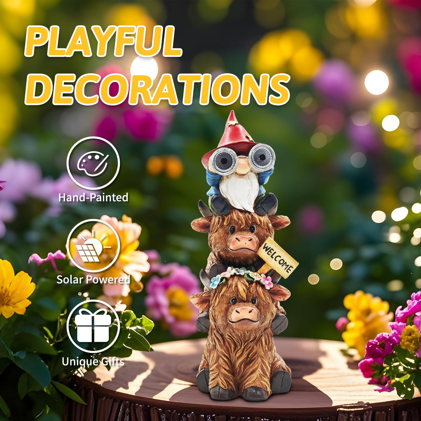 CFFOWNUG Garden Gnomes Outdoor Statue: 11'' Highland Cow Decor with Welcome Sign Funny Triple Yard Decorations with Solar Light Unique Birthday Gifts for Women Mother Grandma