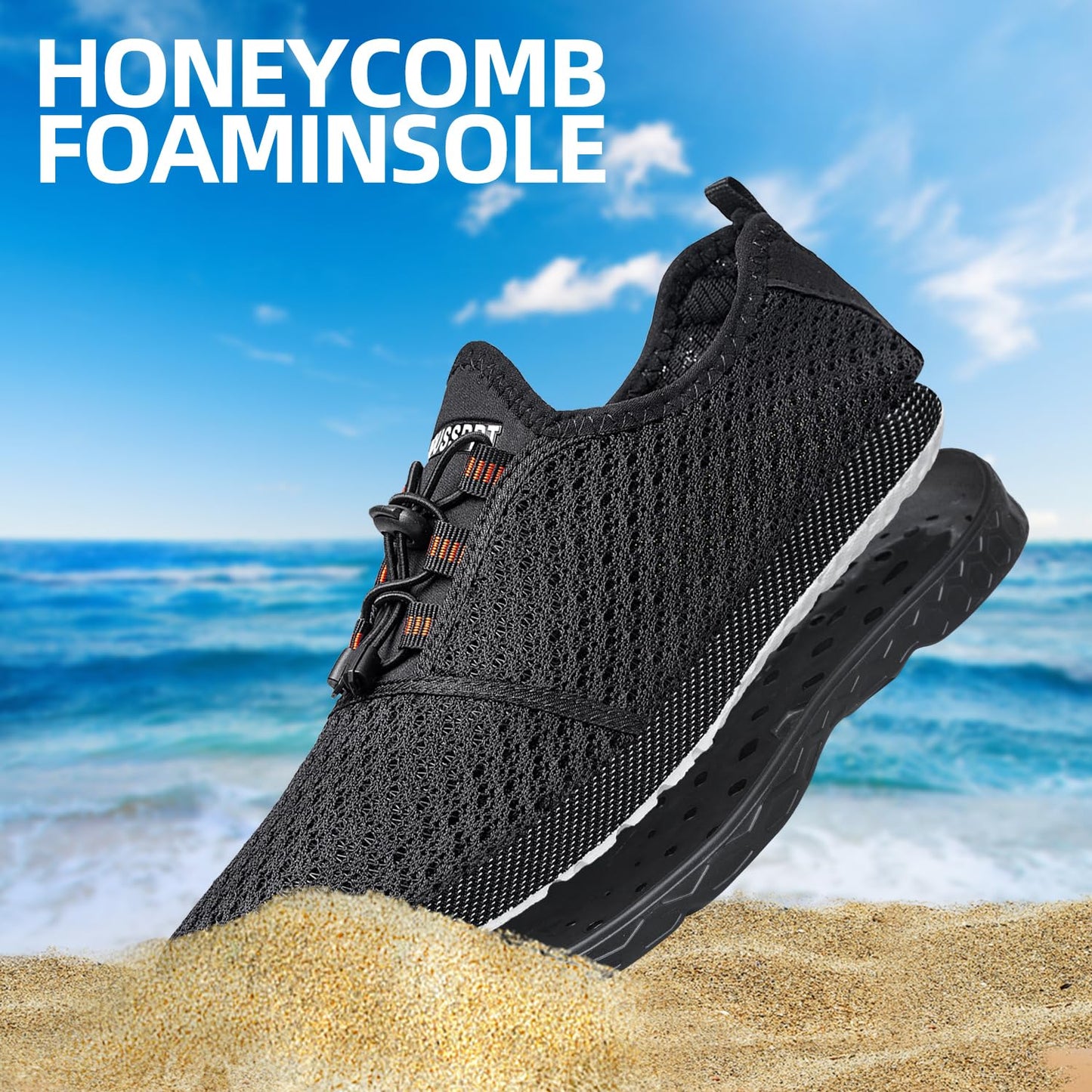 DOUSSPRT Men's Water Shoes Quick Drying Sports Aqua Shoes Dark Allblack Size 7